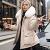 Winterjacke aus Baumwolle für Damen, pelzige Kapuze, verdickter Plüsch, lange Ärmel, elastische Taille, Taschen, Reißverschluss, Mantel, mittellang, winddicht, warm, Daunenmantel