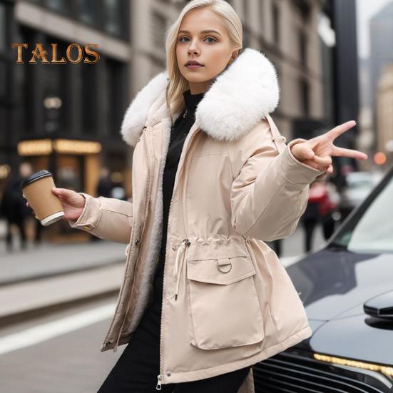 Winterjacke aus Baumwolle für Damen, pelzige Kapuze, verdickter Plüsch, lange Ärmel, elastische Taille, Taschen, Reißverschluss, Mantel, mittellang, winddicht, warm, Daunenmantel