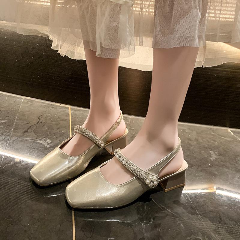 Thick Heel Mary Jane Bag Head Sandals Women's Summer New Rhinestone One-word Square Head Light Mouth Single Shoes