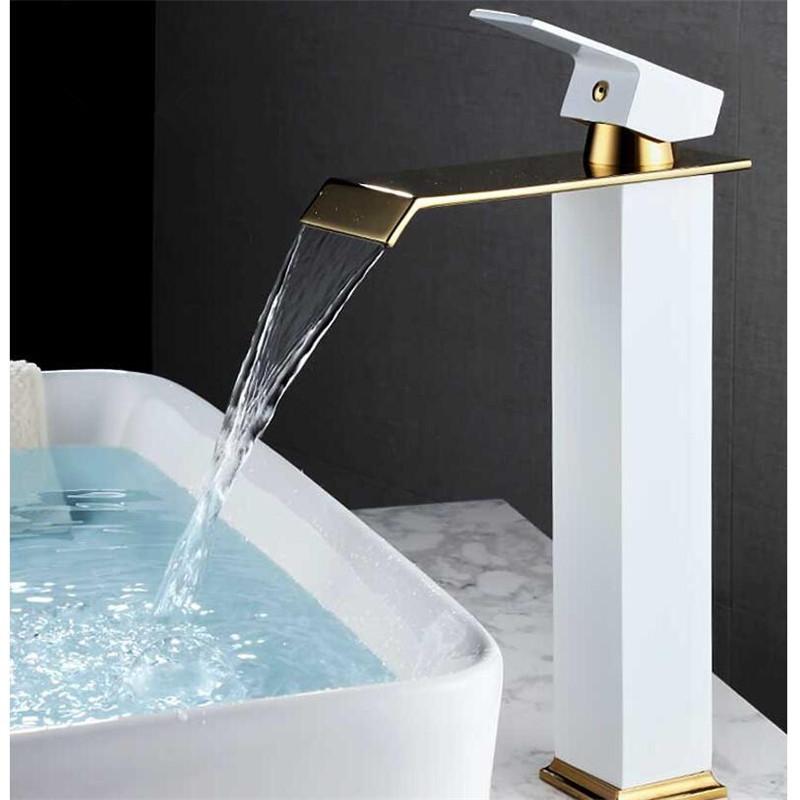 Basin Faucet Gold and Black Waterfall Faucet Brass Bathroom Faucet Bathroom Basin Faucet Mixer Tap Hot and Cold Sink Faucet
