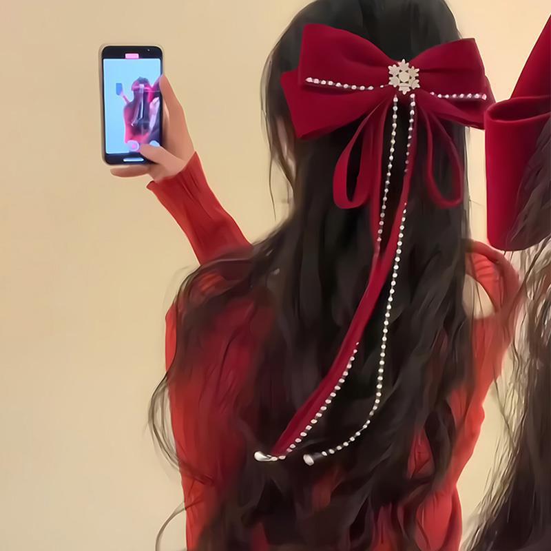 Pince à Cheveux Boucle Flocon Velours Rouge - Accessoire Festif Extra Large pour Femmes