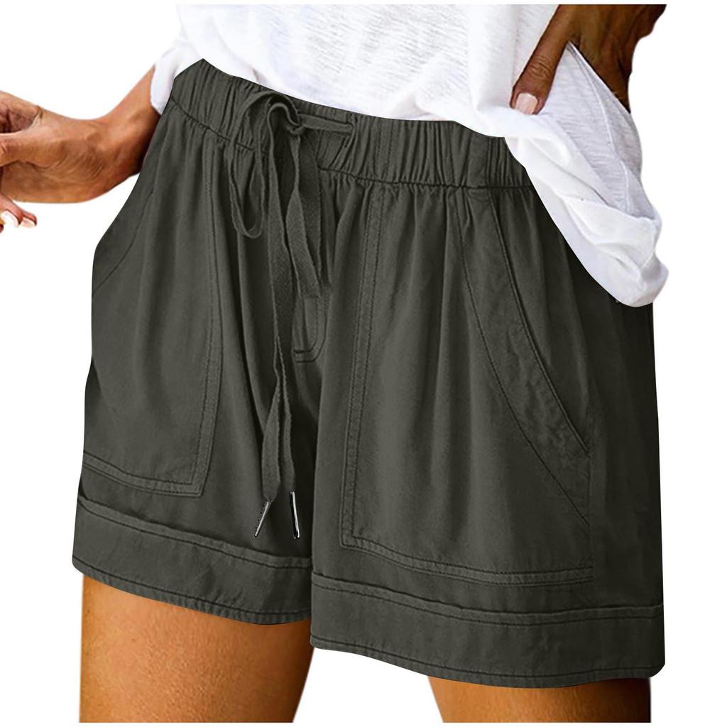 Women's Summer Large Size Loose Solid Color Drawstring Lace-Up Pocket Casual Shorts Women