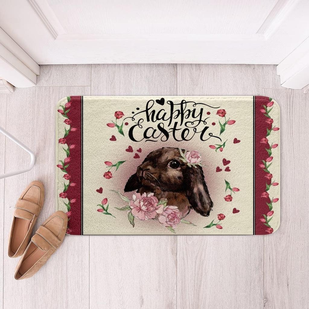 Cute Rabbit Carpet Kawaii Cartoon Bunny Rug for Boys Girls Lovely Animal Easter Rabbit Door Mat Non Slip Spring Flowers Bath Mat