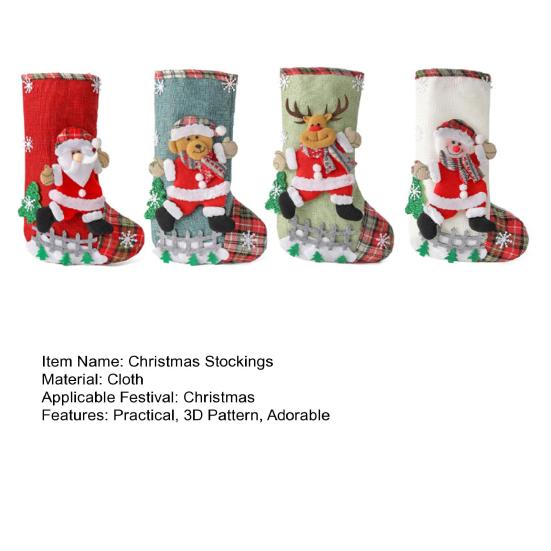 4 Pcs Burlap Christmas Stockings 3D Santa Snowman Elk Christmas Treat Bags Xmas Fireplace Hanging Stockings