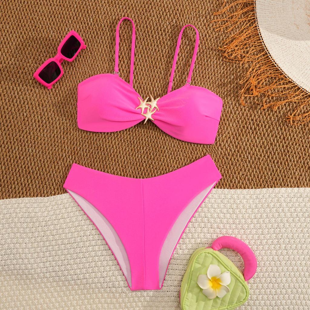 Sexy Metal Starfish Ornament Bikini Women Hot Pink Pleate Push Up High Waist Swimwear Beach Bathing Suit Holiday Swimsuit