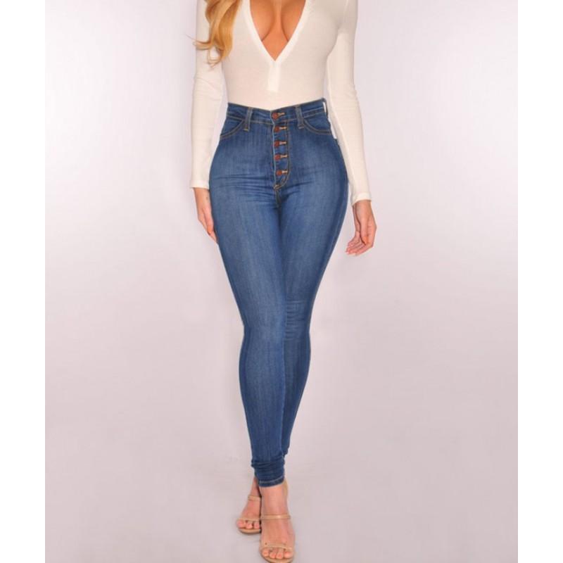 High Waist Stretch Slim Fit Denim Jeans Women Deep Light Blue Cotton Blend 2025