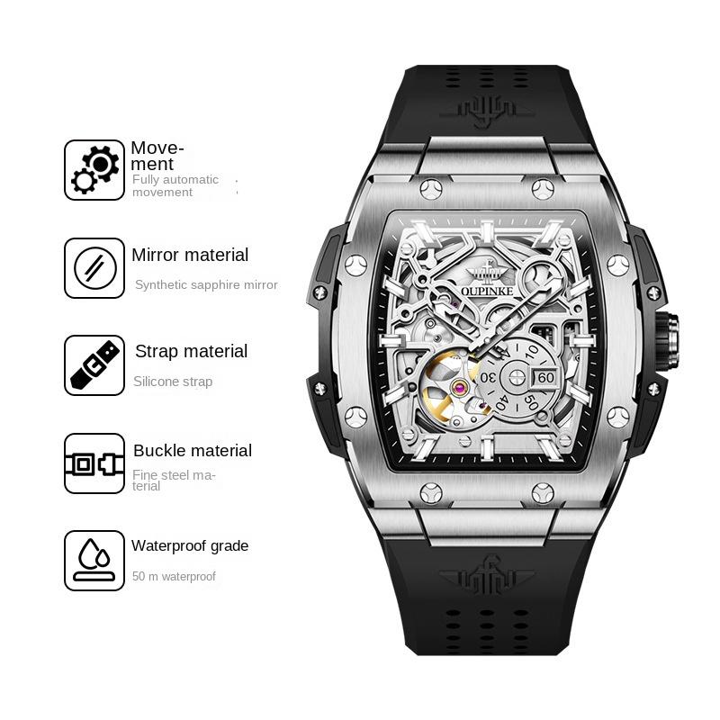 OUPINKE Watch Hollow Barrel Mechanical Watch Fashion Silicone Waterproof Men's Watch Men's Watch