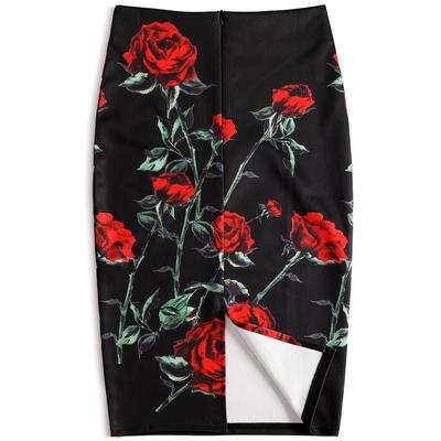 Bloemen Cartoon Gedrukt Hippe Rok Vrouwen Zomer Afslanken Hoge Taille Terug Split Mid-Lengte Een Stap Rok voor Commuter kantoor rok bloemen