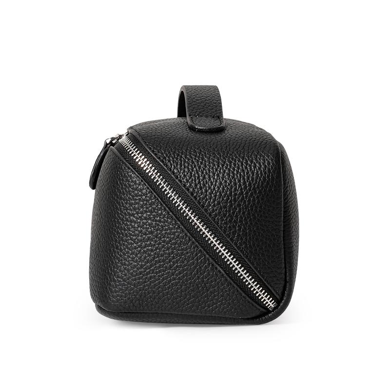 Top Grain Cow Leather Makeup Bag, 2 Sizes Litchi Grain Double Zipper Portable Handheld Travel Toiletry Bag Large Capacity Skincare Storage Organizer
