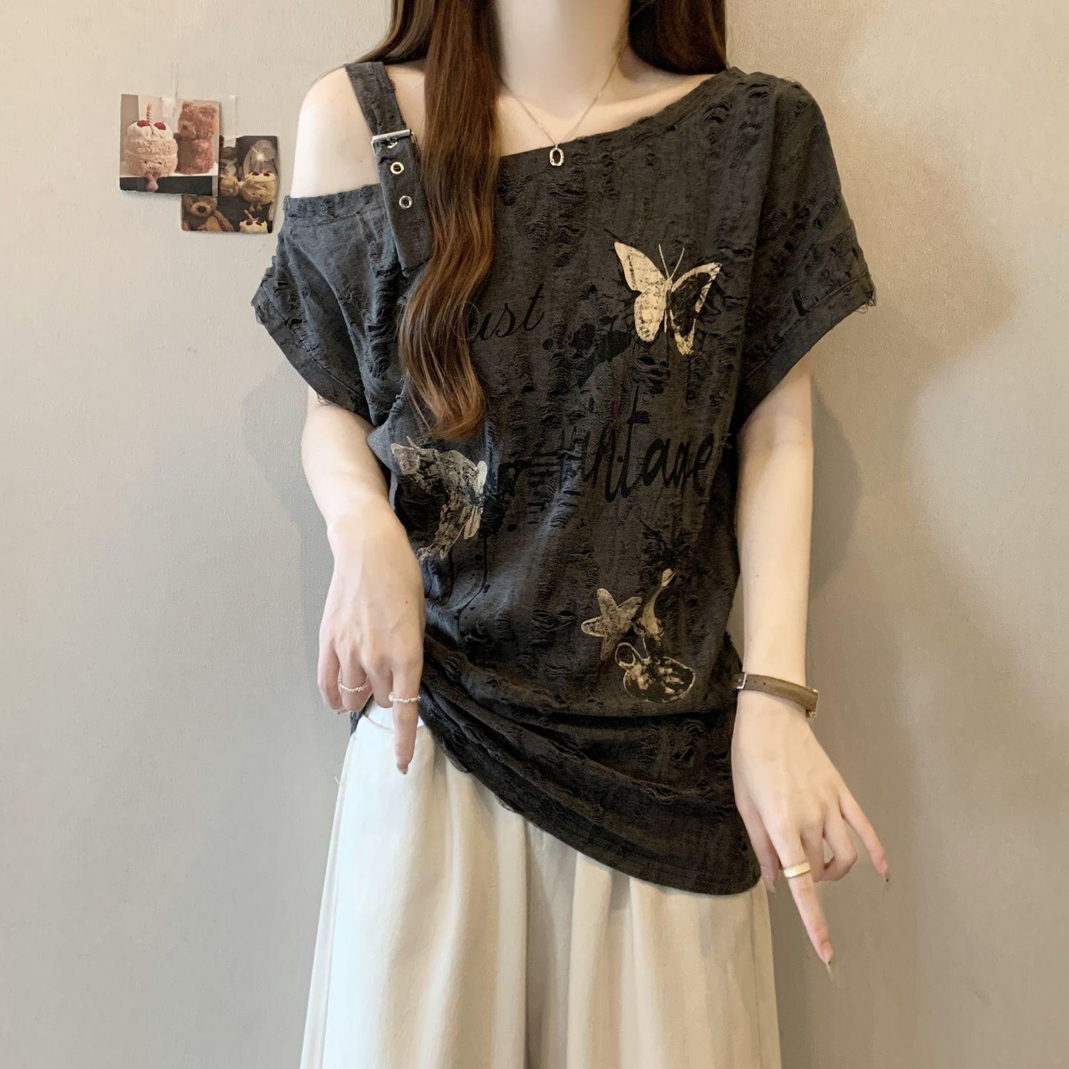 Vintage Butterfly Print Asymmetric Off Shoulder Textured Short Sleeve Tee Women Side Ruched Casual T Shirt s
