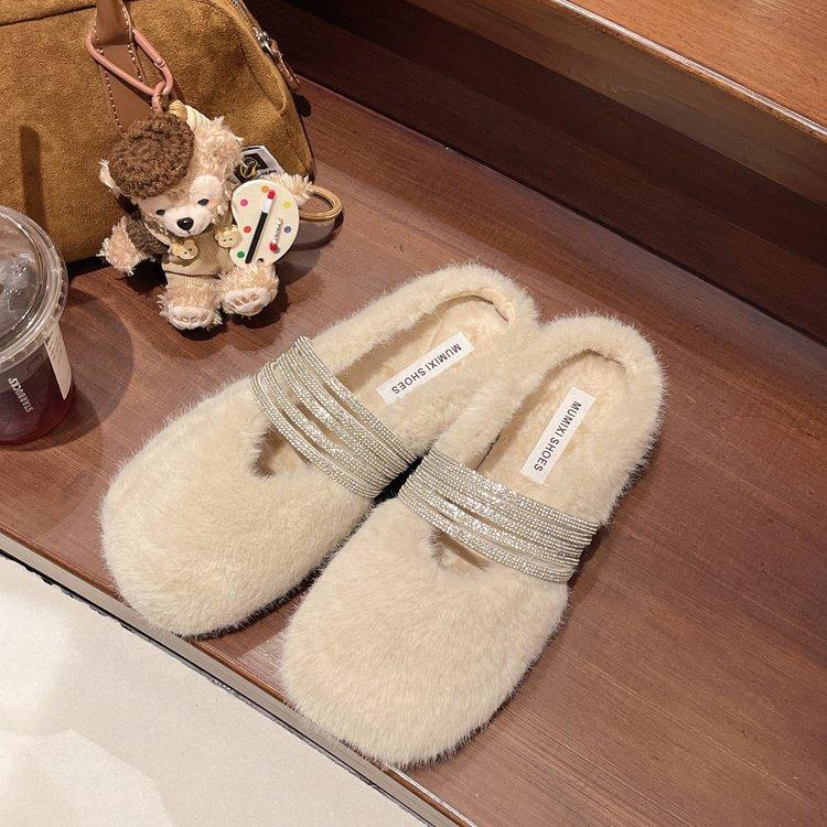 [Fanfuna] Rhinestone fluffy half-slippers women's autumn and winter outer wear advanced velvet 2025 new cotton slippers