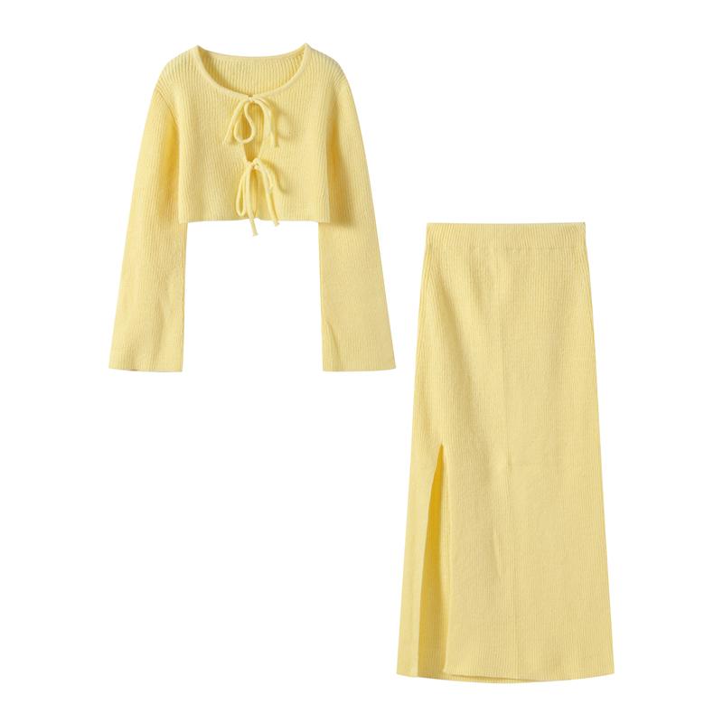 Slim Lace Up Knitted Top Skirts Set Women O-neck Flare Sleeve Hollow Out Crop Tops High Waist Split Skirt Spring Autumn Casual Outfits