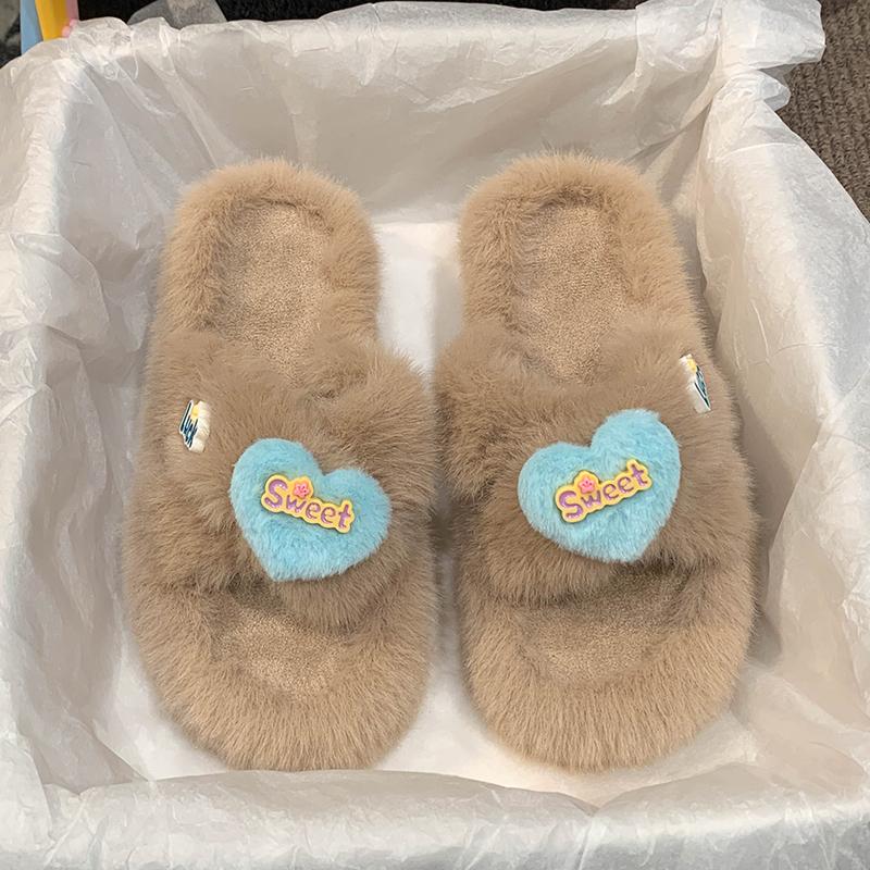 Aphixta 2024 Sweet Warm Winter Furry Slippers Luck Love Decoration Cute Women Indoor Slippers Shoes Dec Flat Heel Hair Slides