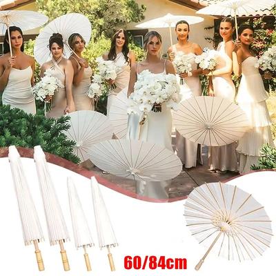 1Pcs Dia 60/84cm Paper Umbrella Traditional White Long-handle Wedding Supplies Blank DIY Handmade Photography Prop