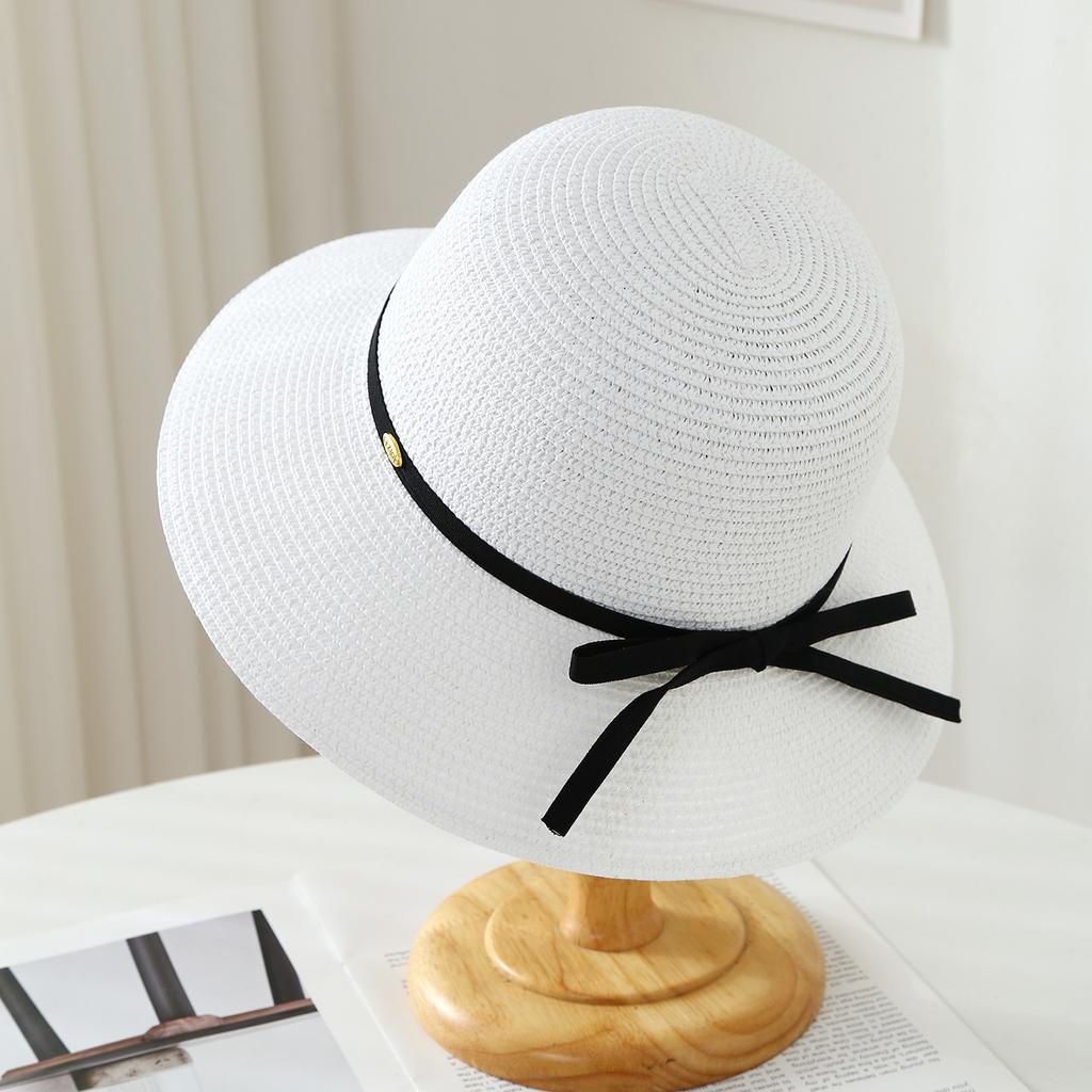 Sun hat large brim bucket hat women's basin hat straw hat webbing bow holiday straw hat seaside beach hat women