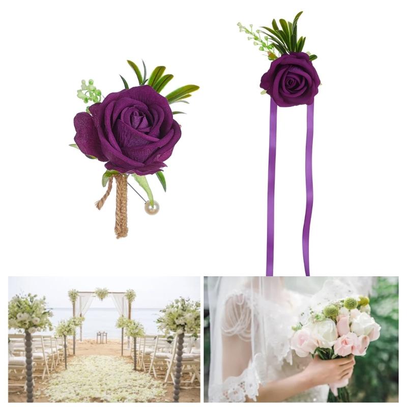 6Pcs Wrist Rose Corsages for Wedding Ceremony Anniversary Proms Party, Rose Boutonniere for Bride and Proms Party Suits
