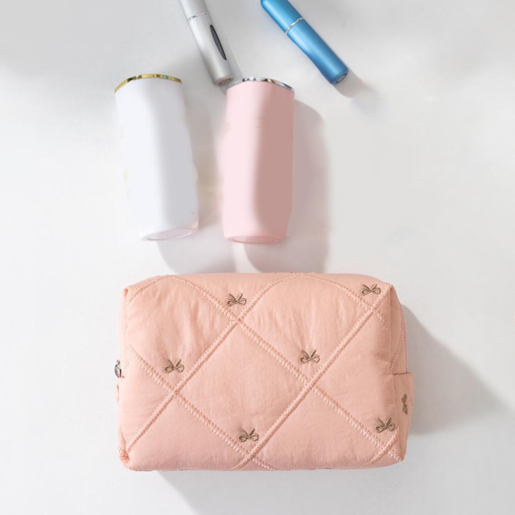 Elegant Quilted Bowknot Design Cosmetic Case with Polyester Materials and Large Storage for Organized Makeup Arrangement