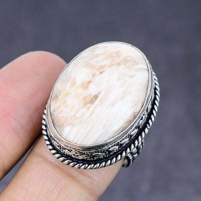 Natural Orange Scolecite Gemstone Handmade 925 Sterling Silver Ring Size 8 O1O01