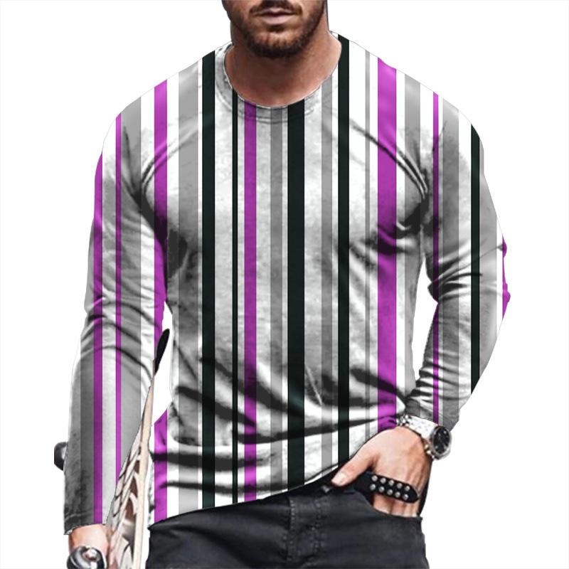 Spring and Autumn Round Neck 3D Stripe Printed Top Fashionable Casual Long Sleeved Men's T-shirts