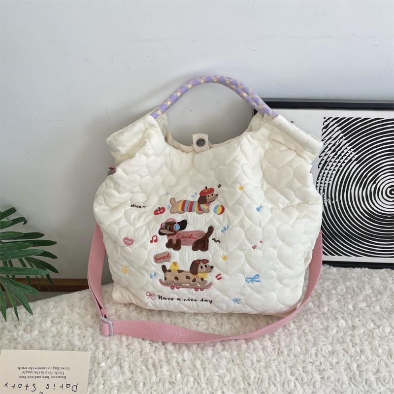 2 Cartoon Embroidery Soft Cute Messenger Bag Large Capacity Shoulder Tote Bag Quilting Cotton Commuter Tote Bag