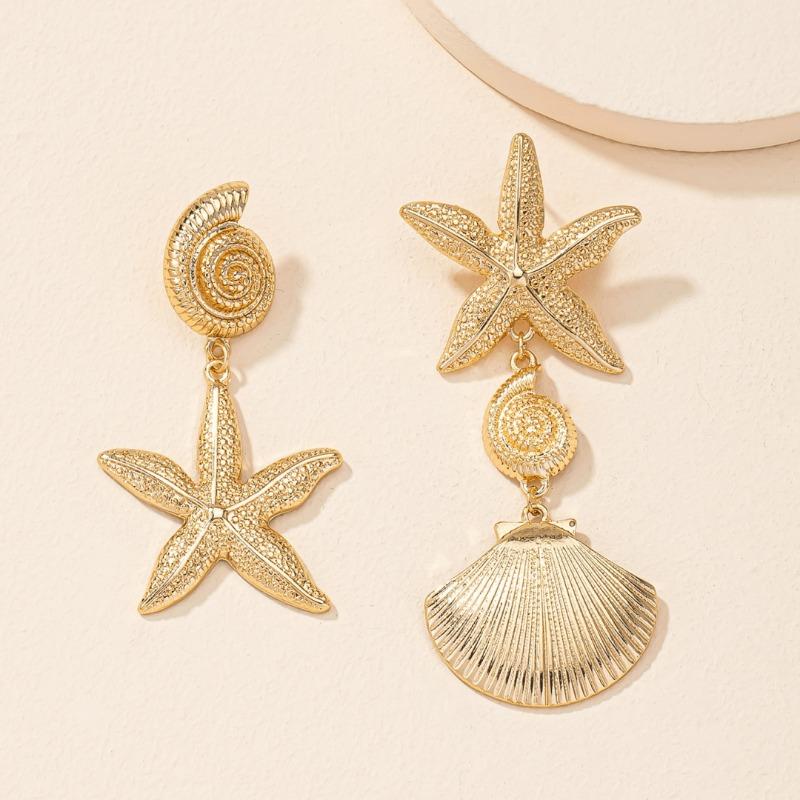 Personalized beach style Ear studs, retro exaggerated golden scallop earrings, versatile creative seashell and starfish Zircon