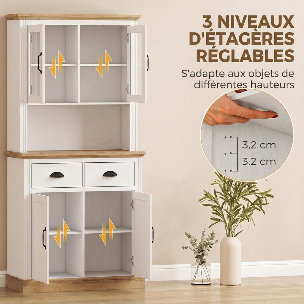 High Kitchen Sideboard, 4 Doors, 2 Glass, 2 Drawers, Worktop, Adjustable Shelves, White