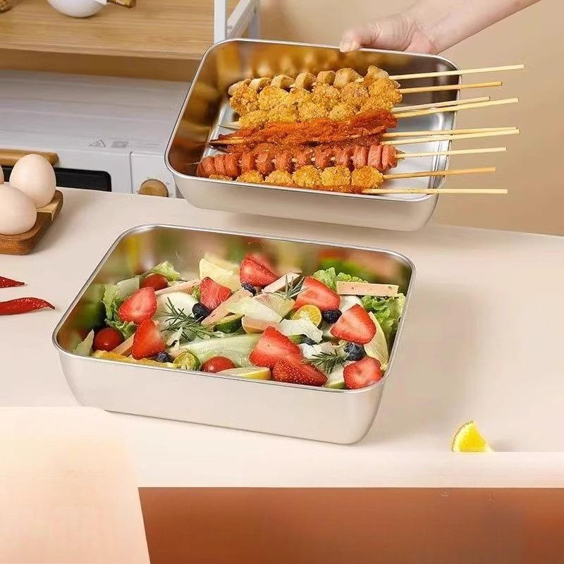 Quadratische Platte aus Edelstahl mit Deckel, rechteckige Pfanne zur Lebensmittelaufbewahrung, kommerzielles Geschirrtablett, großer erfrischender Lunchbox-Behälter