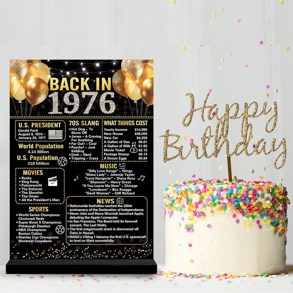 Trgowaul 50th Birthday Decorations Women Men, Black Gold Back In 1976 Birthday Poster Acrylic Table Sign with Stand, 50 Anniversary Decor Gifts for