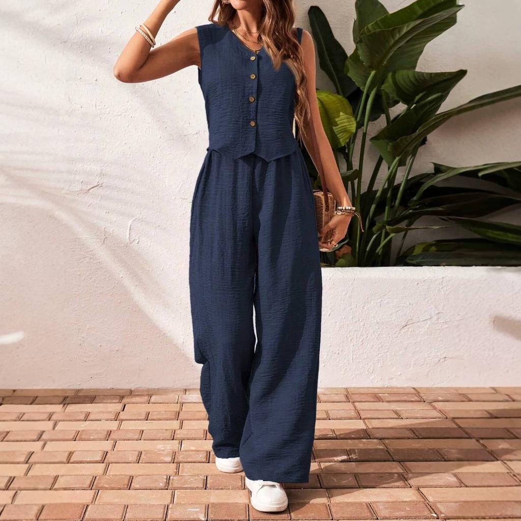 Completo da Donna 2 Pezzi Canotta Senza Maniche Scollo a V con Bottoni Pantaloni a Vita Alta Gamba Larga Set Coordinato in Tessuto Testurizzato Casual