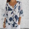 Women Spring Summer Shirt V Neck Single-breasted Contrast Color Leaf Printed Three Quarter Sleeve Loose Retro Thin Soft Breathable Lady Blouse