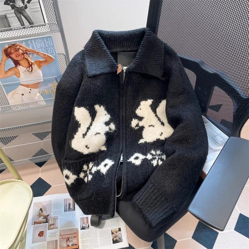 Rabbit jacquard lapel zipper sweater jacket women's autumn and winter retro lazy wind contrasting color soft waxy knitted cardigan