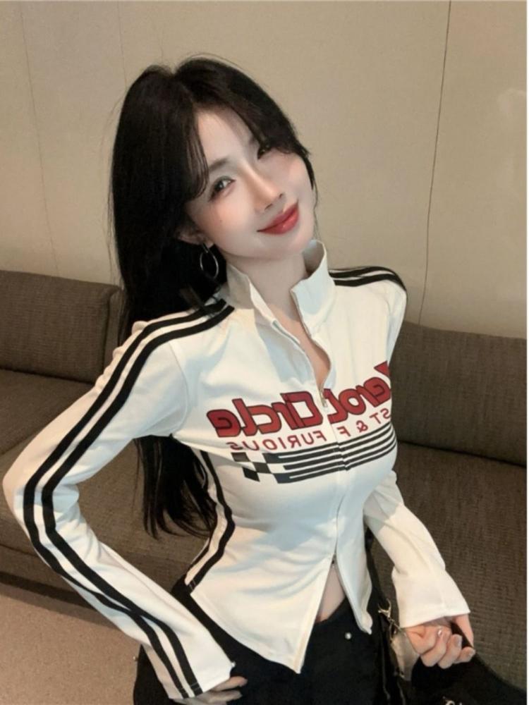 Girls Y2K Tops Workout Cycling T-shirts Zipper Long Sleeve Fashion Club Wear Sexy Women's T-shirts Sports Tees