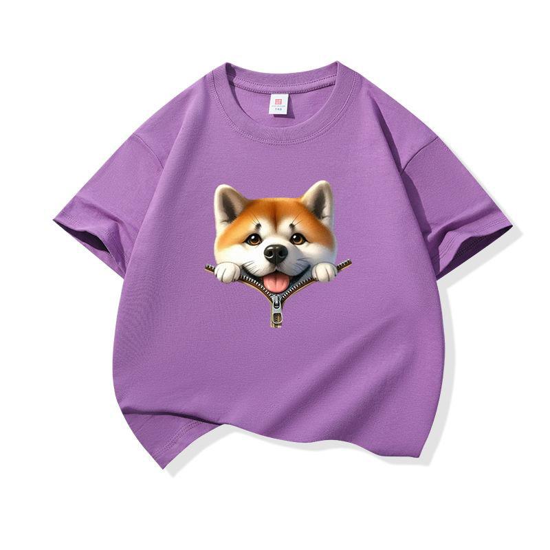 Kids Pure Cotton T Shirt Adorable Dog Zipper Print Crew Neck Short Sleeve Tee Casual Breathable Boys Girls Summer Tops