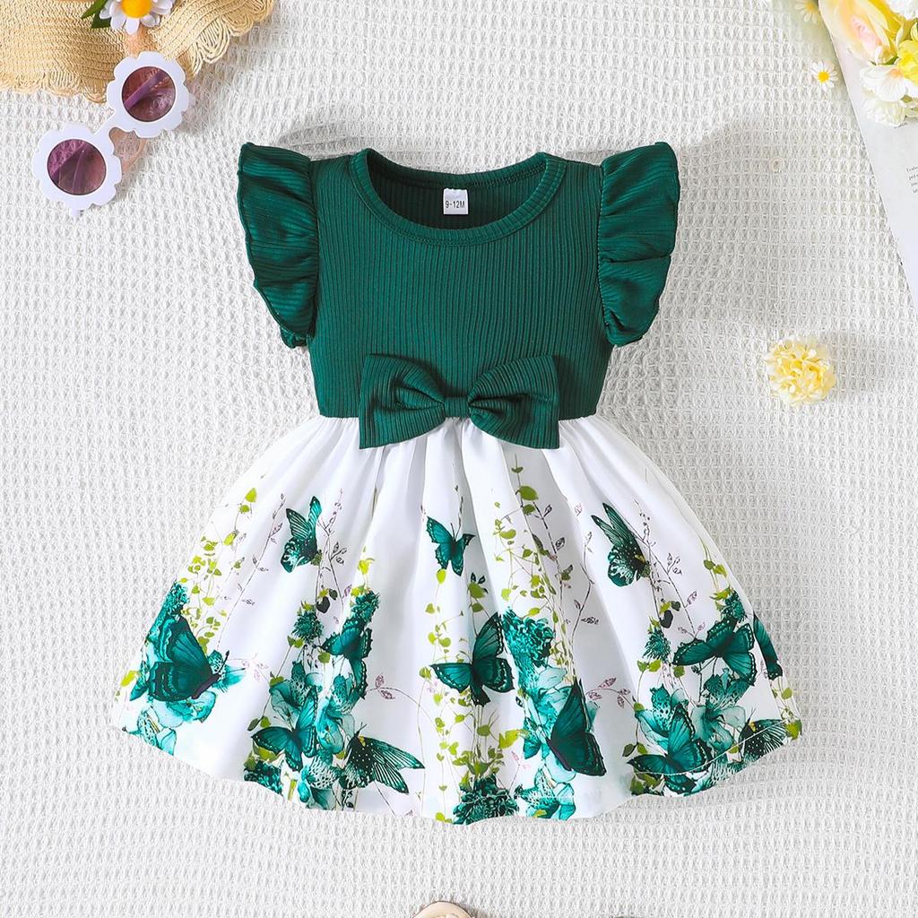 Infant Toddler Girl Floral Butterfly Dress, Ruffle Sleeve Bow Accent Dress, Casual Summer Outfit 6-36M