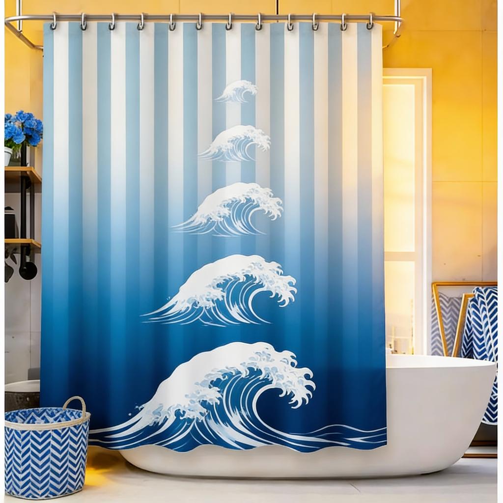 Eleganter blau-weiß gestreifter Badezimmervorhang Wasserdichter Stoff Modernes minimalistisches Design Geeignet für Nass- und Trockenbereiche