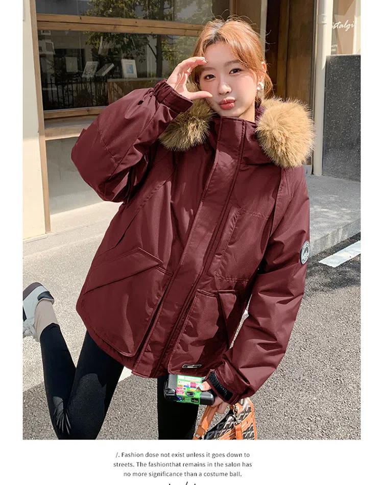 Damekåpe for høst og vinter Ensfarget Hette Pelskrage Kort Løs Fortykket Vindtett Fasjonabel Damejakke