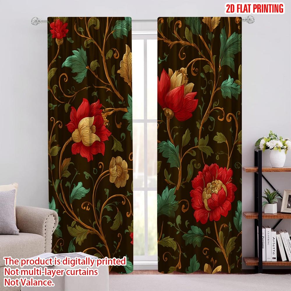 2pcs 2D flat printing Party Curtain Vintage Floral Red Flowers (2) Digital Printed Polyester Drapes Family Party Perfect for
