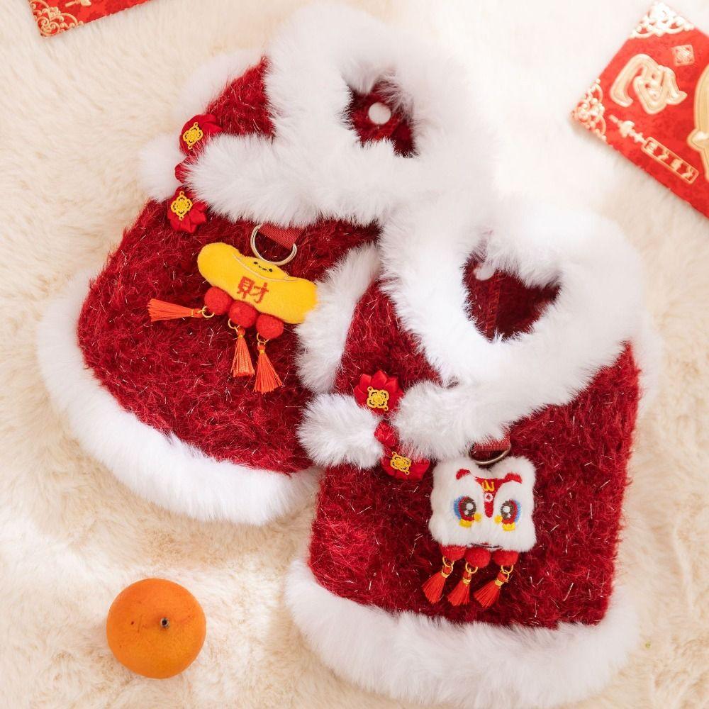 New Chinese Style Pets Coats Thicken Warm Pet Sweatshirt Anti-static Red Cat Pullover New Year