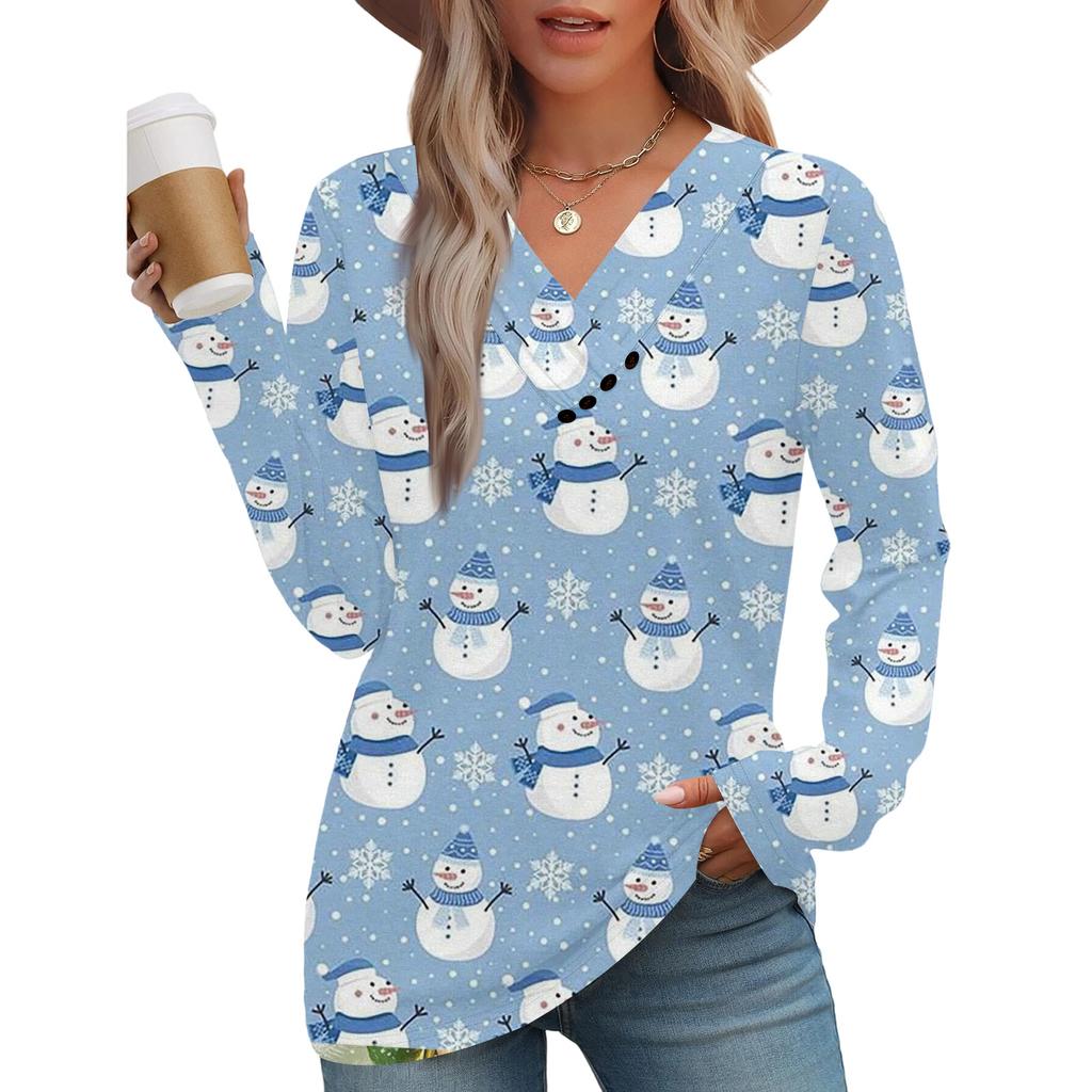 Women's Fashion Casual V-neck Pleated Christmas Long Sleeve Top