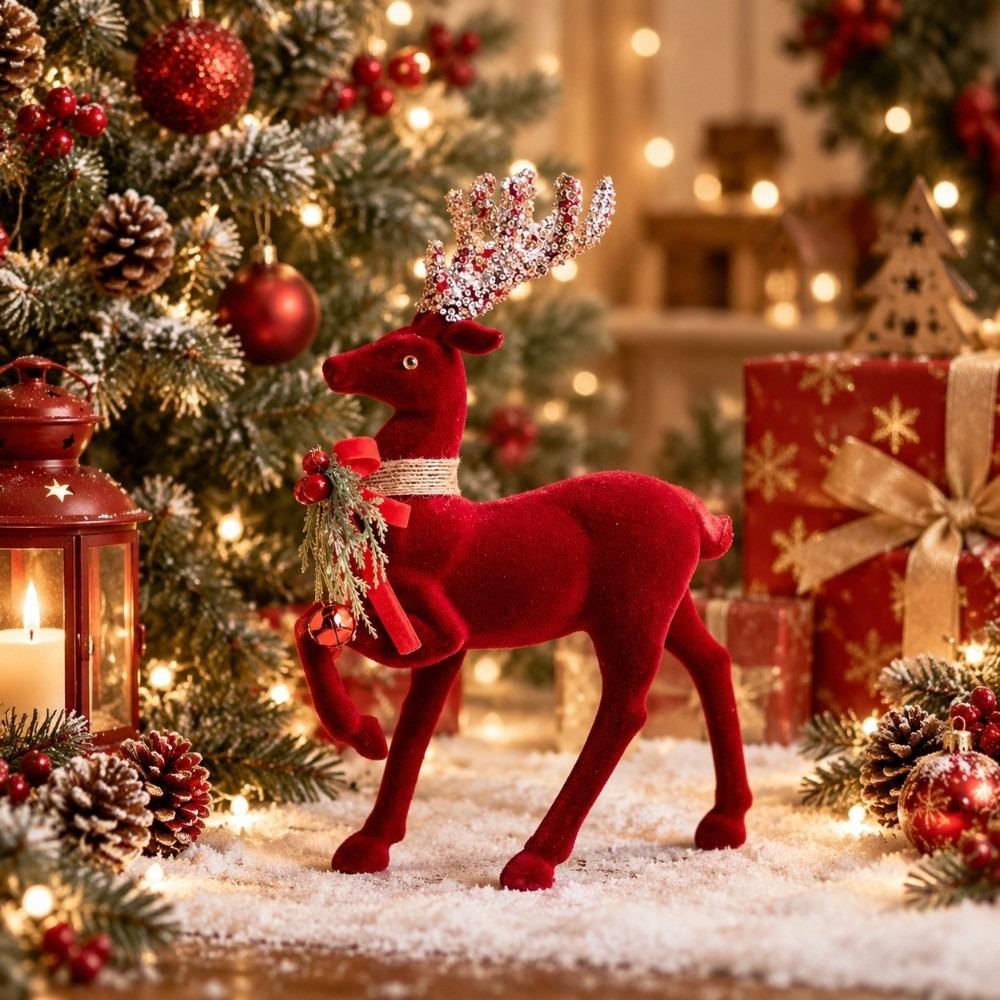 Beflockte Textur Weihnachts-Elchfigur Glänzendes Geweih Glitzer-Schleife Hirsch Schreibtisch