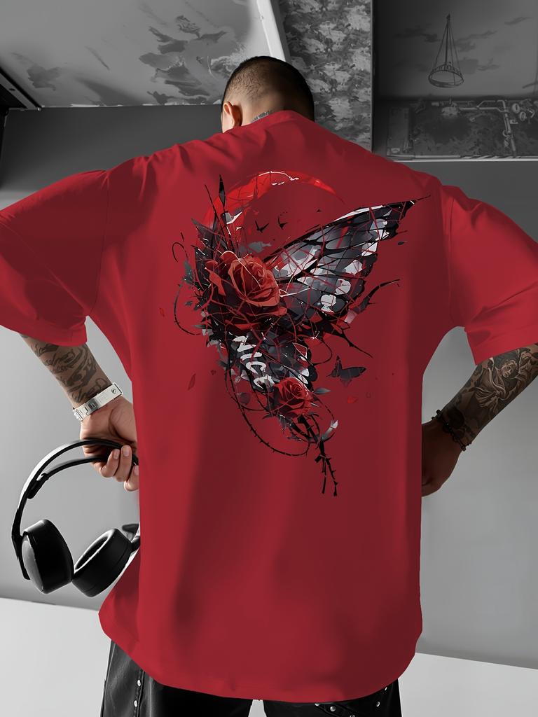 Men's Summer Floral T-Shirt - Mustard-Yellow with Black/Red Roses - Loose Fit Casual Everyday Shirt