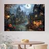 1 Piece of 2D Background Fabric  Hand-painted Halloween Horror Style Dark Town and Pumpkin Lantern Design  No Power Required