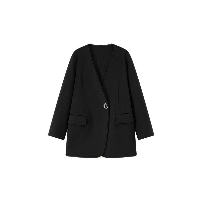 

Minimalist V-neck front shoulder suit double-sided cashmere coat women s winter new splicing design wool coat S