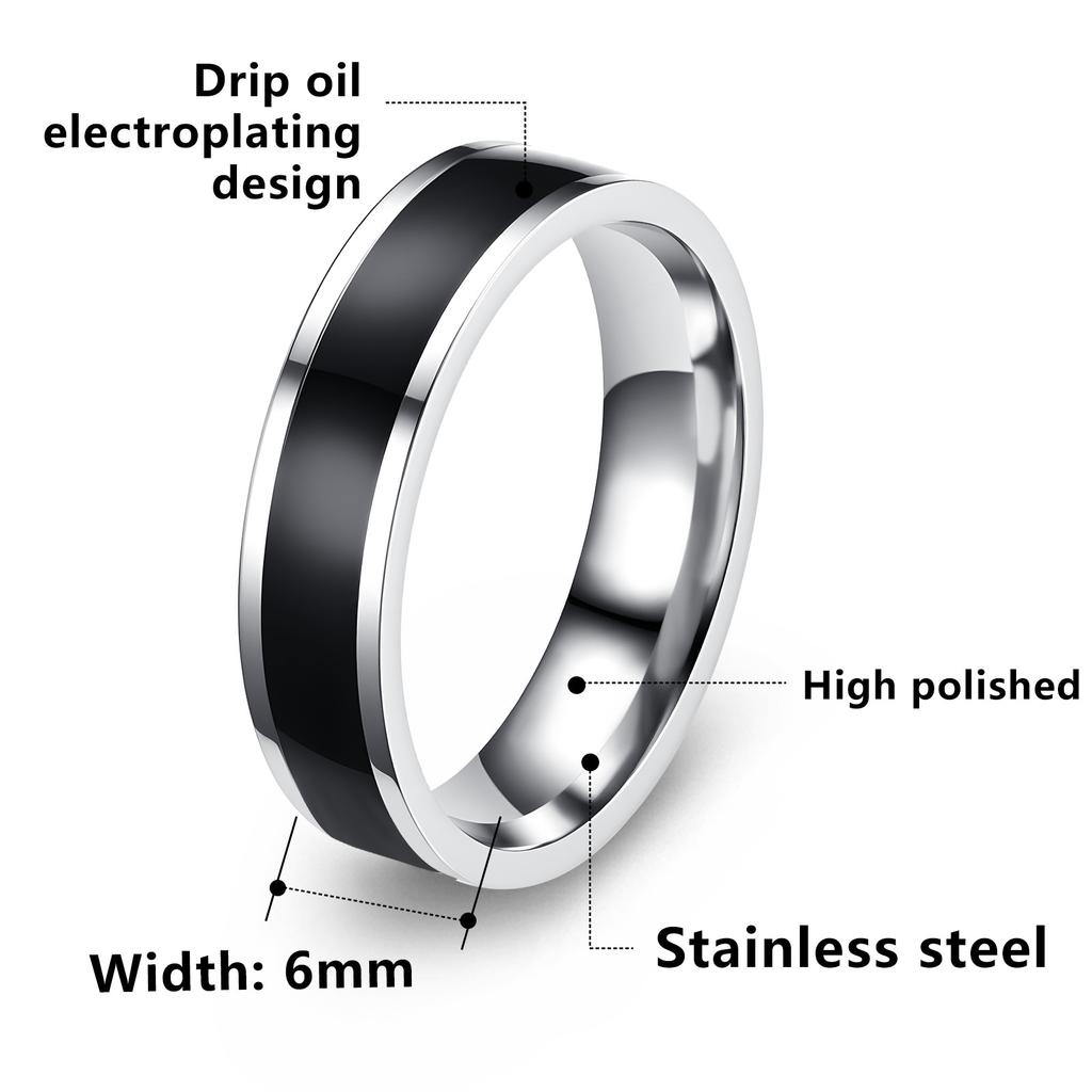 Simple Black And White Plated Titanium Steel Couple Rings 6mm Drip Oil Design