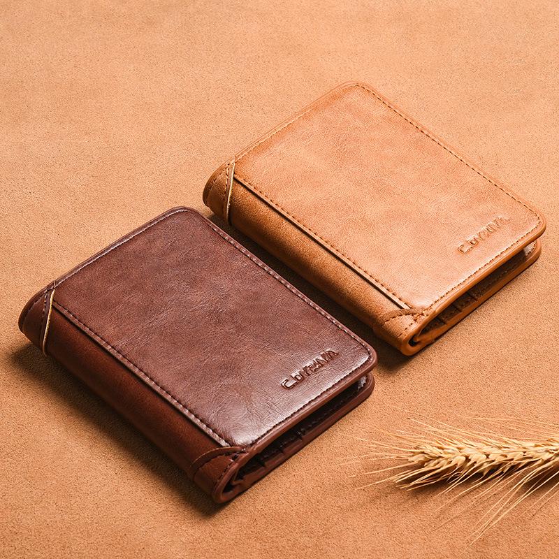Men's Cross-Border Slim Tri-Fold Leather Wallet with ID and Card Holder