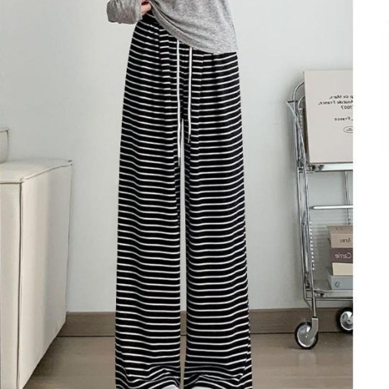 Neue lässige Hose mit hohen Bund und schwarz-weißen Streifen für Frühling und Herbst für Damen, drapierte gerade Klebreishose, bodenlange Hose mit weitem Bein