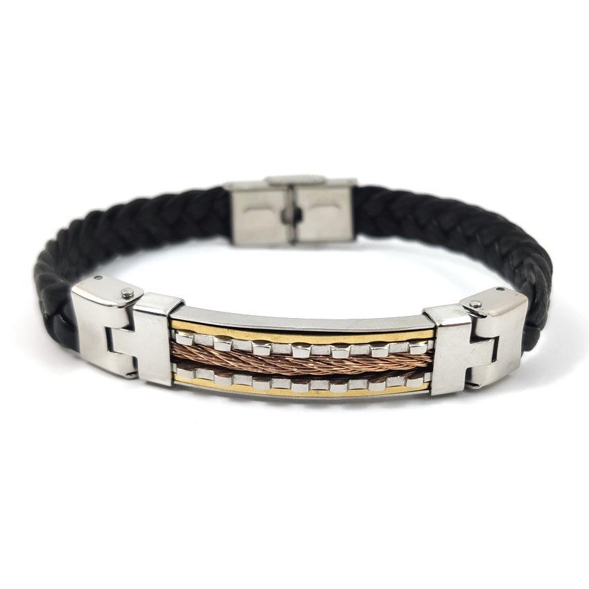 Korean Style Titanium Steel Leather Bracelet - Personalized Color Block Design