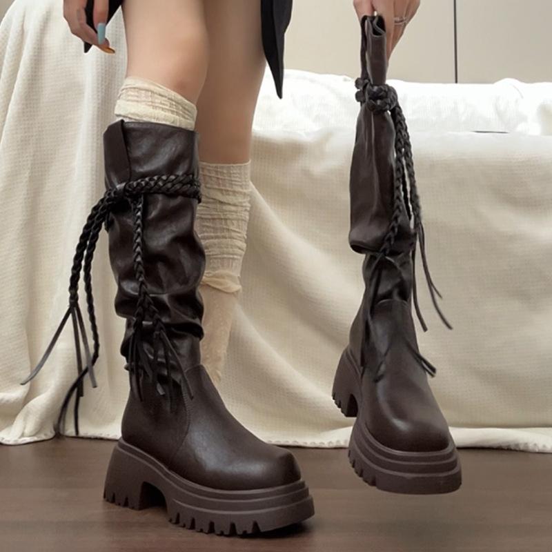 Retro versatile tassel lace-up thick-soled knight boots women's 2025 autumn new thin small fashion boots