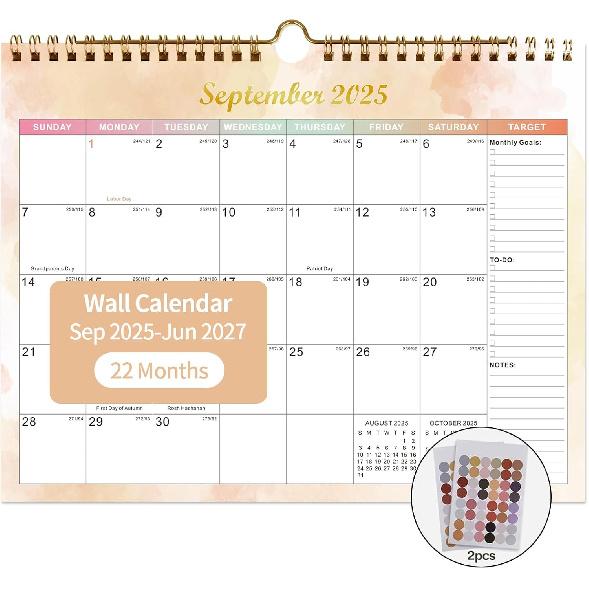 2026 Calendar 22 Monthly Wall Calendar Runs from September 2025 until June 2027 Spiral Binding Hanging 11.5  x 14.7  Thick Paper with Julian Dates Run until Jun 2027