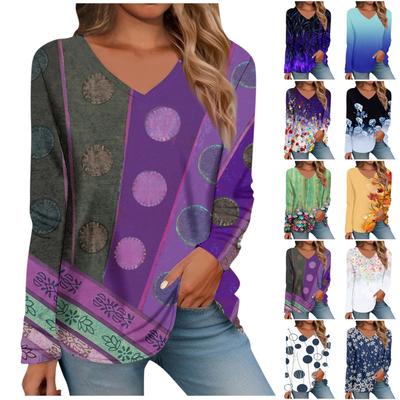 Damen Tops Mode Retro Print Langarm V-Ausschnitt Shirts Leichte Sweatshirts Basic Blusen